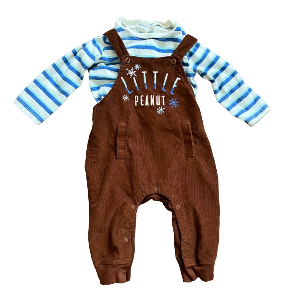 Peek Brown Corduroy Overalls & Blue Striped Shirt “Little Peanut” 6-12 Months